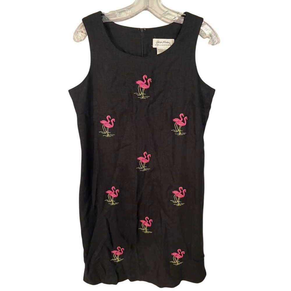 Giorgio Fiorlini Collection Black Linen Blend Flamingo Embroidered Dress Size 10